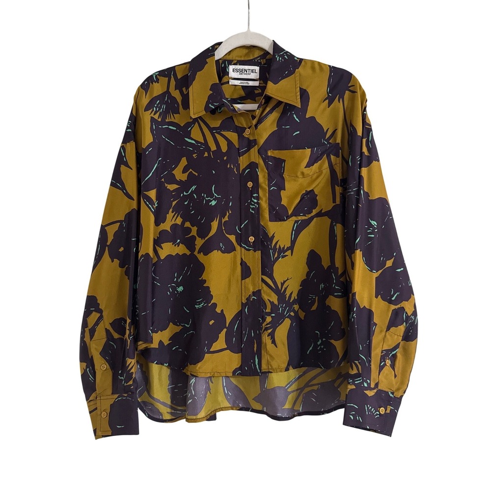 Essentiel Antwerp Abstract Camo Print Button Front Blouse Mustard Black Green